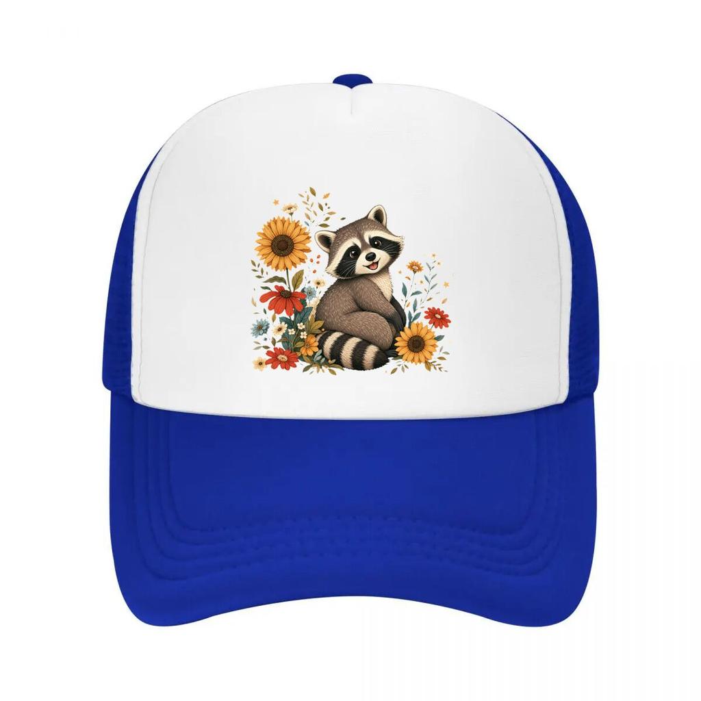 Whimsical Forest Raccoon Floral Port Mesh Baseball Cap Casual Hat Outdoor For Womens Unisex FeUnisex
