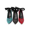 FOREADA Women Pumps Pointed Toe Thin High Heels Crystal Bow Glove Shoes Ladies Fashion Shoes Spring Autumn Red Black Green 43