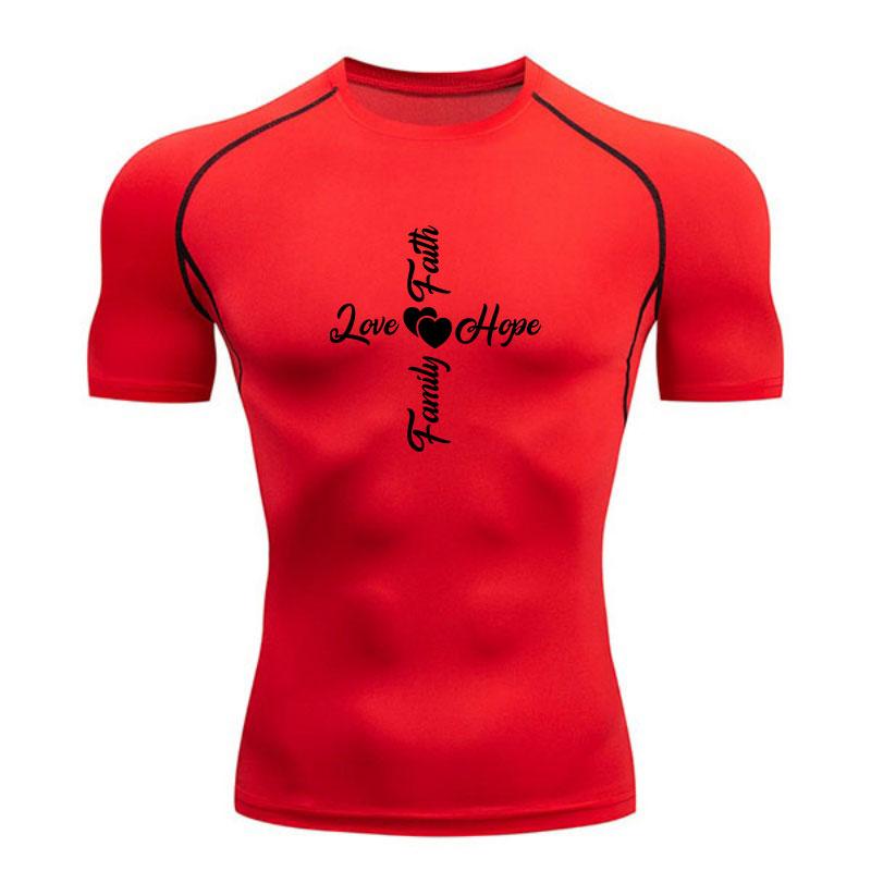 Men's Compression Workout Sports T-Shirt, Faith Hope Love Family Heart Cross Pattern Quick Dry Athletic Gym Active Top for Running Training