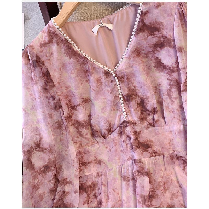 Plus Size Women's New V Neck Floral A Word Waist Slimming Mid Length Dress