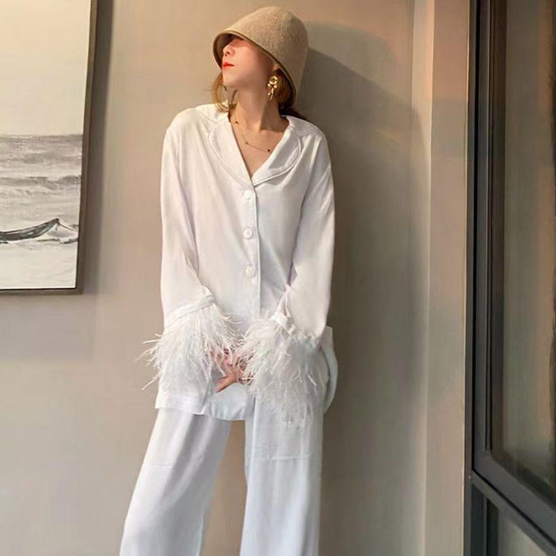 

Fashion Style Long Sleeves Feather Coat Pants Suit Homewear Splice Feather Top Pants Set White S