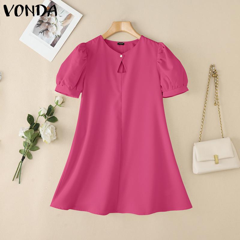 VONDA Women Elegant Puff Sleeve Solid Color Casual Mini Dress