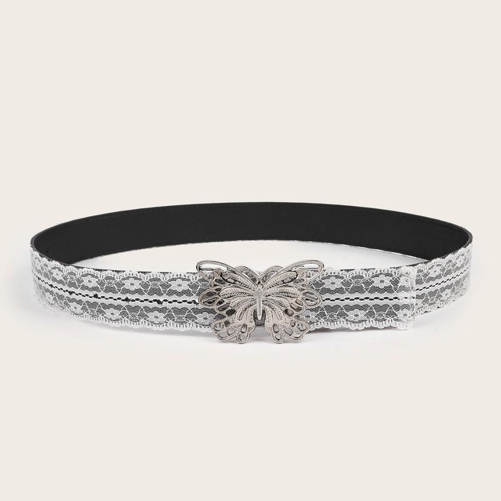 Silver Fashionable Butterfly Buckle Decor Women Casual White Lace Belt Waist