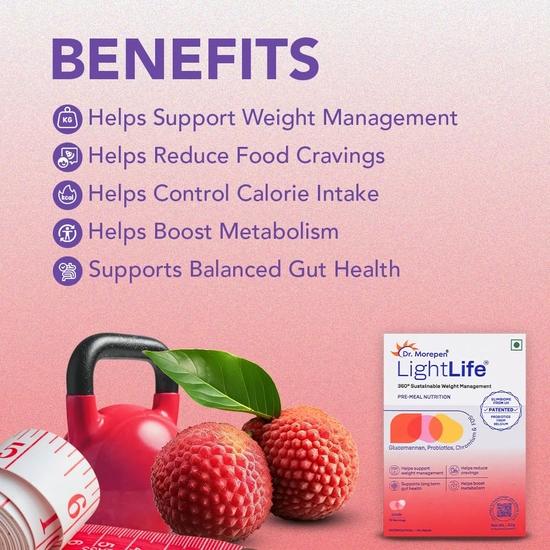 Dr. Morepen LightLife Pre-Meal Nutrition Mix | Controls Appetite & Reduces Cravings | For Men & Women | 60 Sachets | Flavor-Litchi