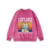 Ich mag Katzen und Kaffee Aufdruck Gewaschener Hoodie Damen Dünner Stil Oberteile Lässiges Baumwoll-Sweatshirt Herbst Basic Retro Sportbekleidung