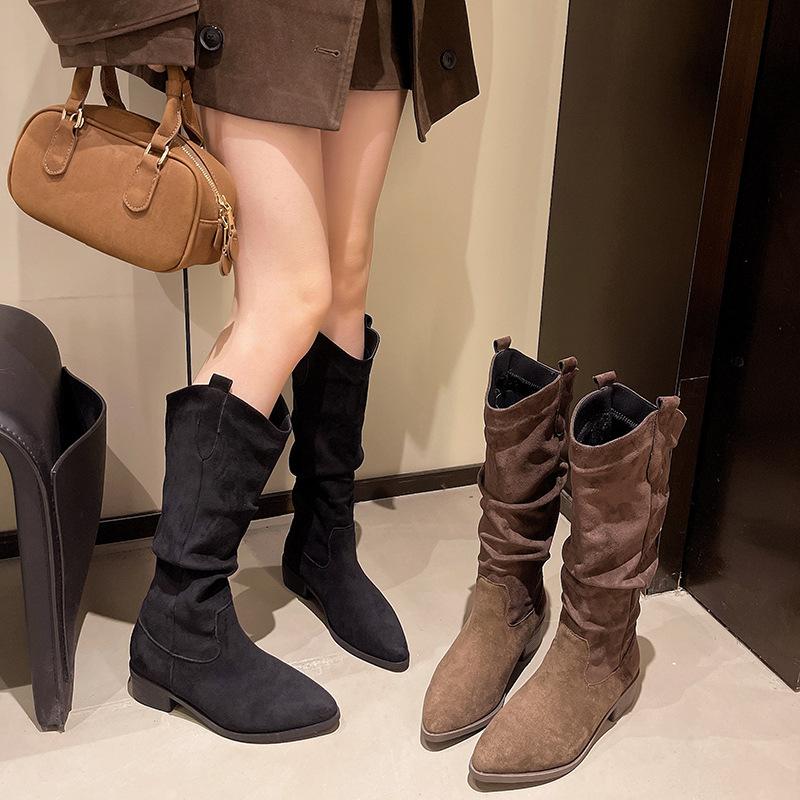 Vintage Wildleder Maillard Stiefel Damen Herbst und Winter Dicker Absatz Spitze Plissiert Flor Stiefel Western Cowboy Stiefel Kurz