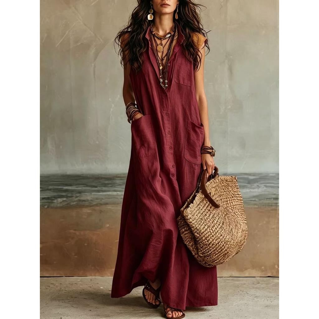 Rochie cămașă maxi pentru femei, cu guler ascuțit, fără mâneci, croială lejeră, uni, cu buzunar, stil boho, de vacanță, casual, lungă, de vară