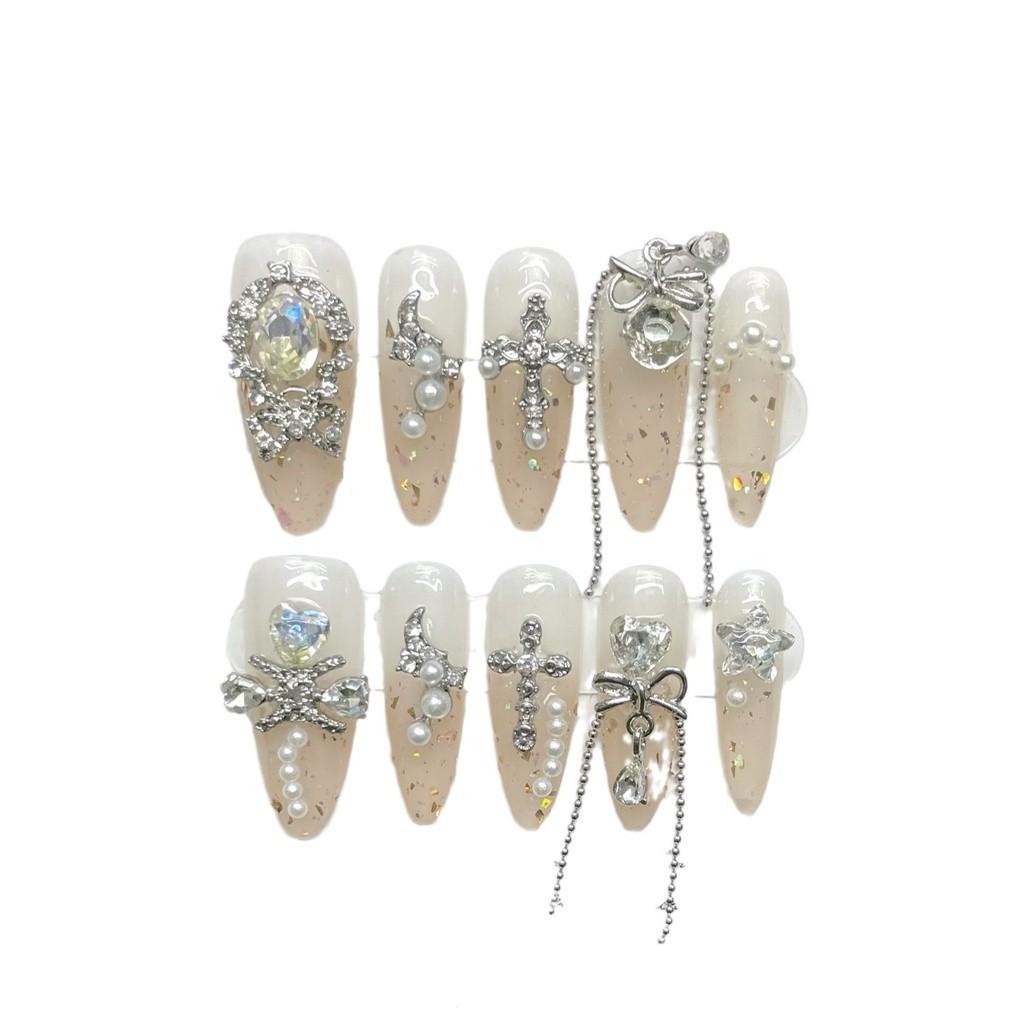 100% HANDMADE Long Water Droplet Shape Artificial Nail Lace Bow Elegant Temperament Chain Diamond Pearl Nude Color Gradient Phototherapy Nails