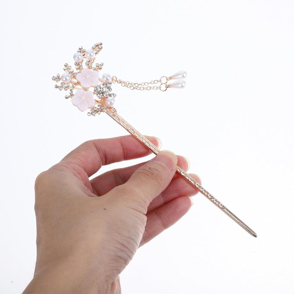 2 Pcs Rhinestone Pearl Flower Hair Stick Chinese Hair Chopsticks Vintage Tassel Hair Pin Chignon Pin Hair Styling Making Accessories for Women