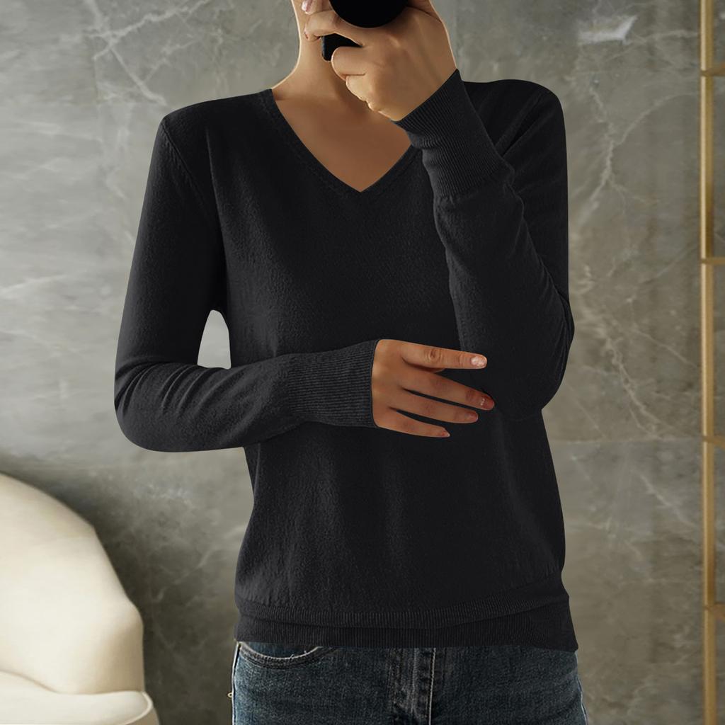 Women's Fashion Loose Knit Sweater Bottom Shirt V-Neck Pullover Long Sleeve Solid Color Top