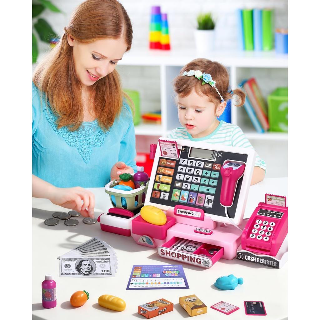 Cash Recorder Toys, Cash Register Toy for Kids, Tote Kinder Rollenspiel Supermarkt Spielzeug Set, with Audio, Scanner, Shopping Basket, Real