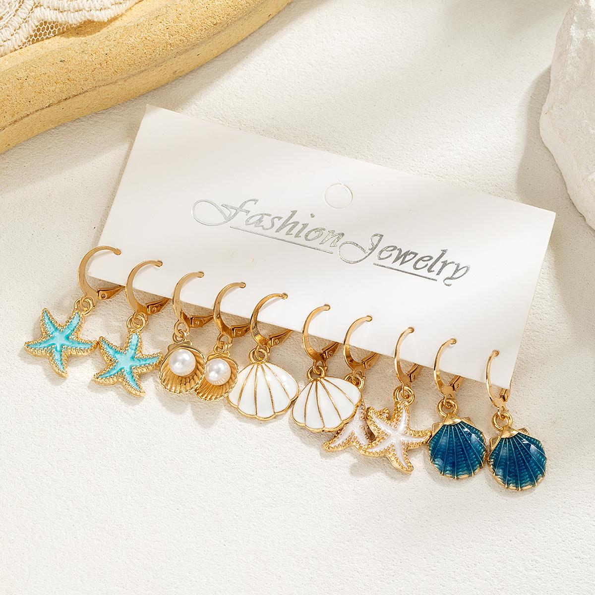 

5 pairs of drop oil alloy starfish shell pendant earrings, imitation pearl scallop card earrings