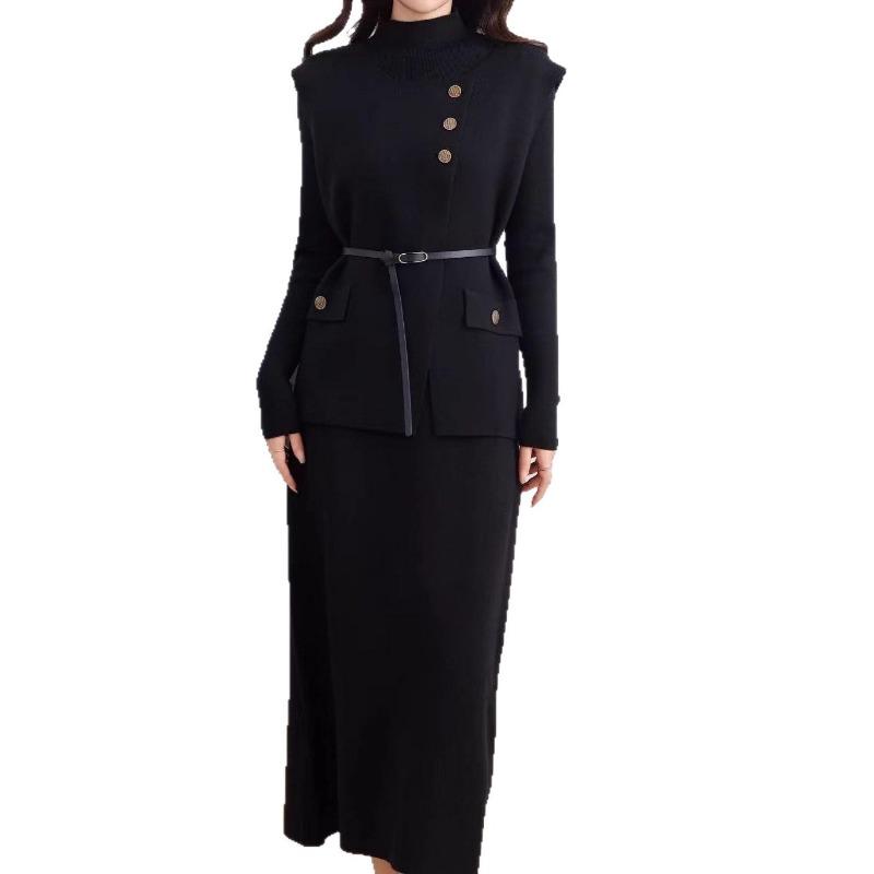 Fashion trend knitted vest dress two-piece set autumn and winter new temperament elegant wind sweater suit women