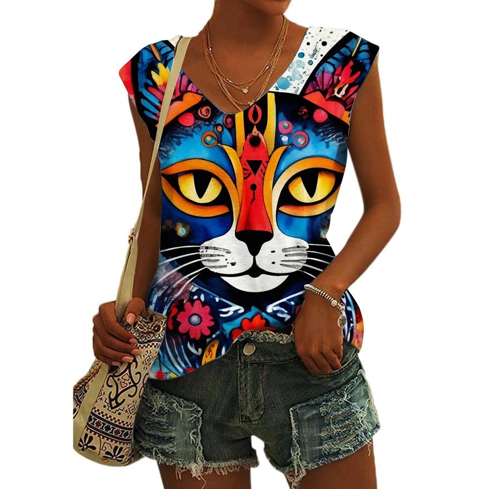 Women's Sleeveless T-shirts 3d Abstract Cat Print Vest Loose V-Neck T-shirts & Blouse Summer Breathable Basic Tops Tees