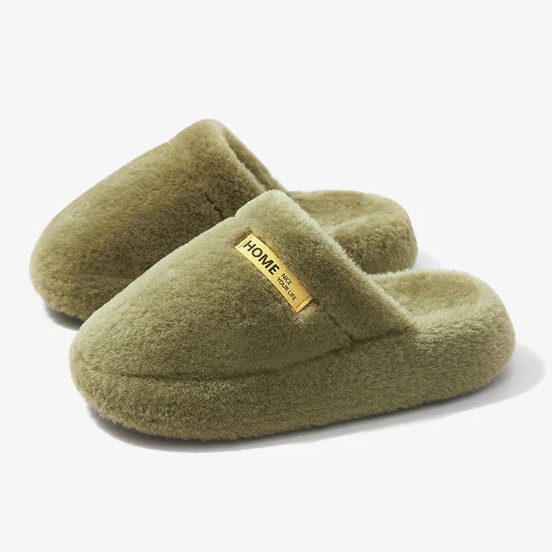 Fashion Thick Bottom Faux Fur Slippers Women New Indoor Plush Winter Couple Slides Woman Closed Toe Warm Non-Slip Cotton Padded Shoes