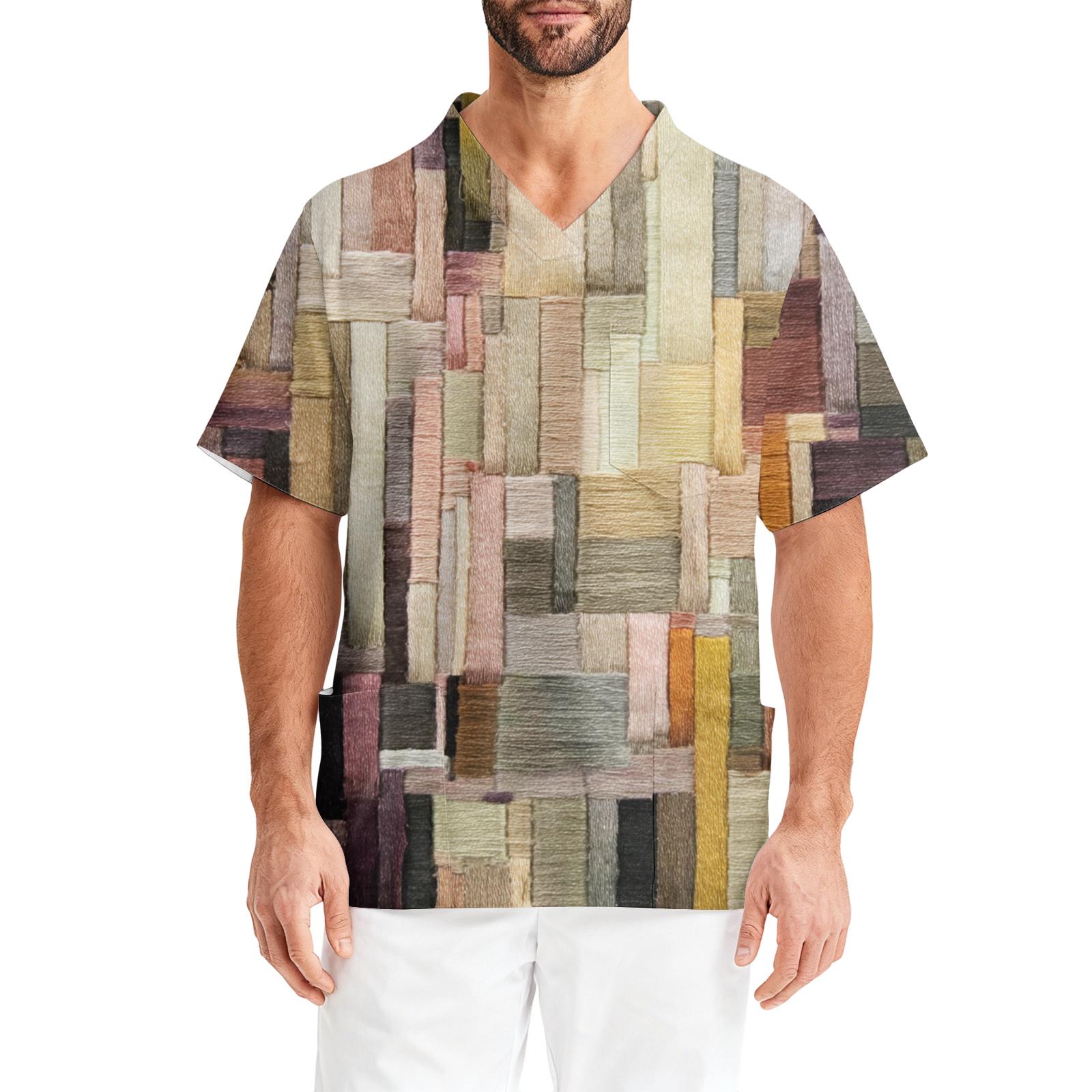 Men s Printing Short Sleeve V-neck Working Blouse Chest Pocket Carer Top L