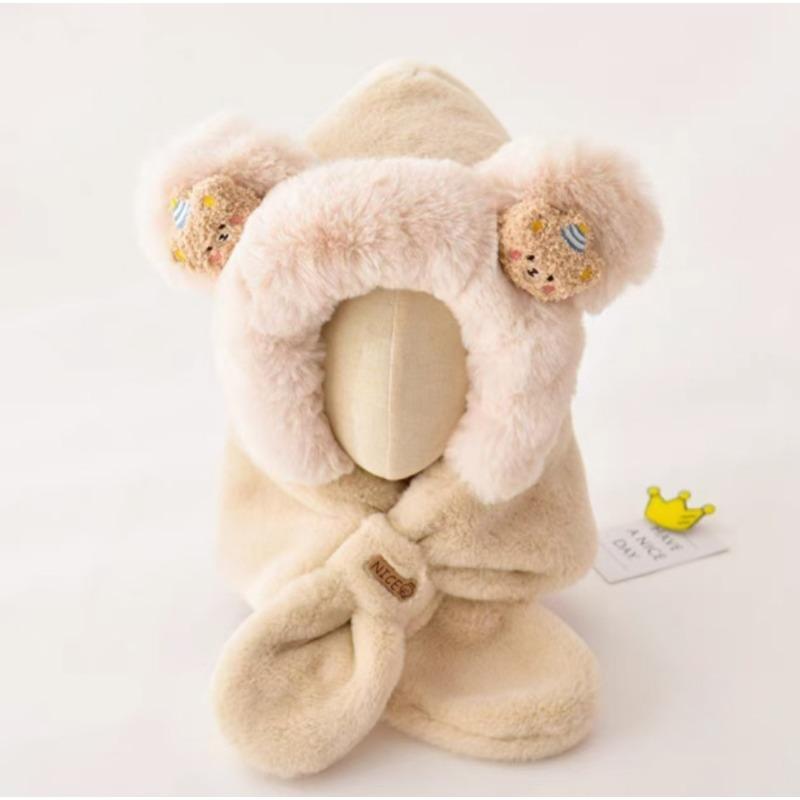Winter children's hats, scarves, integrated hats, velvet and thickened cartoon two-piece sets, cute and cute boys and girls ear hats.