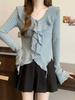 Autumn Casual Ruffle Solid Color Cropped Long Sleeve Irregular Slimming Top