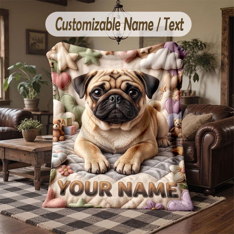 Pug Theme Throw Blanket Custom Name Text Personalized Blanket Soft Cozy Blanket for Home Sofa Bed