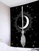 Halloween Tapestry Witch's Magic Broom Bohemian Crescent Mysterious Moon Stars Black and White Tapestry Psychedelic Hippie