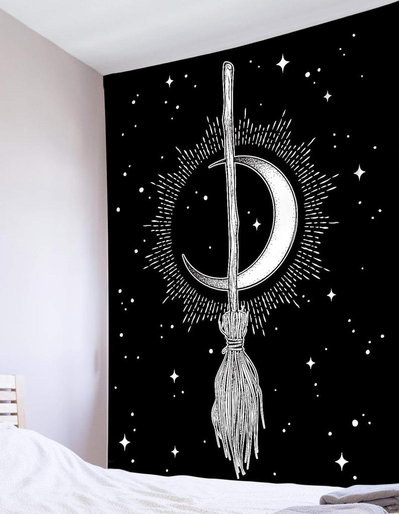 Halloween Tapestry Witch's Magic Broom Bohemian Crescent Mysterious Moon Stars Black and White Tapestry Psychedelic Hippie