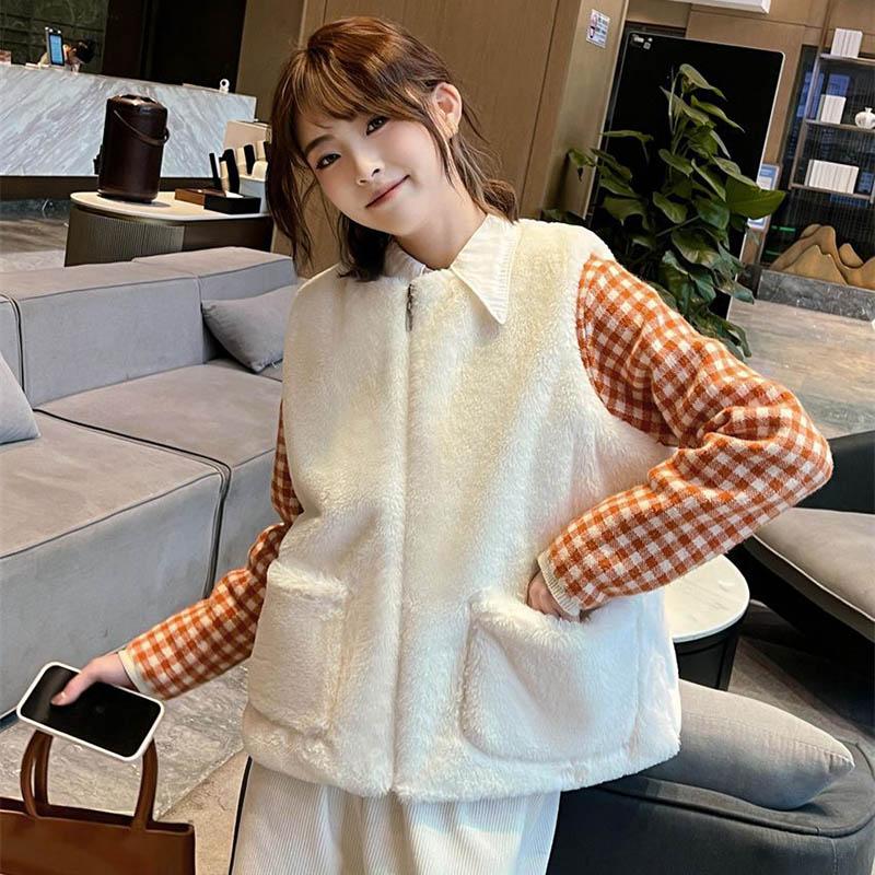 Fur Vest Female Winter Zipper Leisure Cotton Sleeveless Solid Color Top Coat Vest