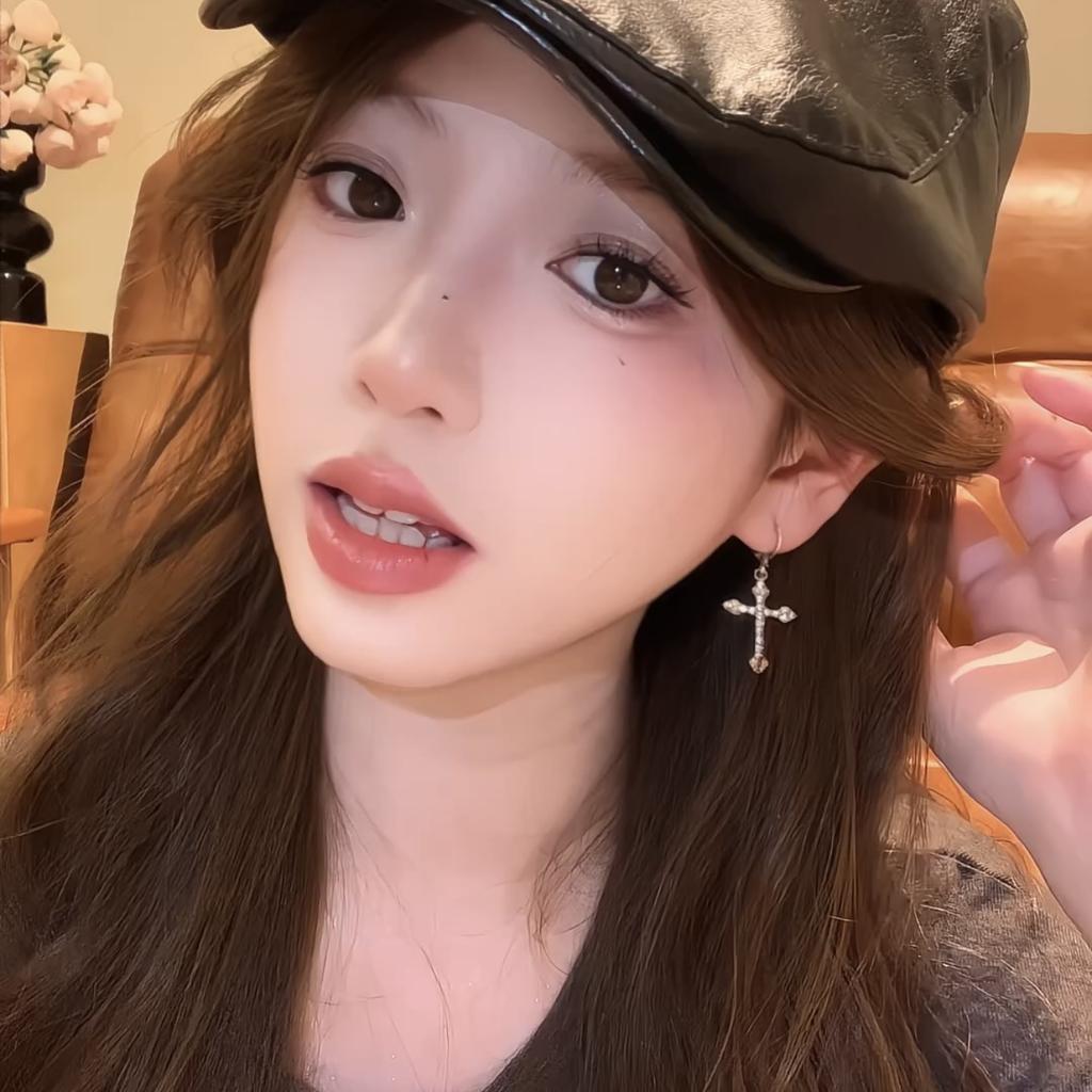 Super flash full diamond cross earrings women's niche temperament long stud earrings rhinestone ear buckles fashion earrings