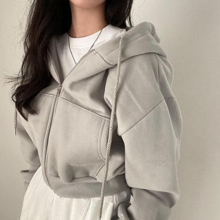 Vintage Korean Women's Oversized Zip Up Hoodie Jacket Long Sleeve Solid Color Harajuku Fashion Autumn Hooded Sweatshirt