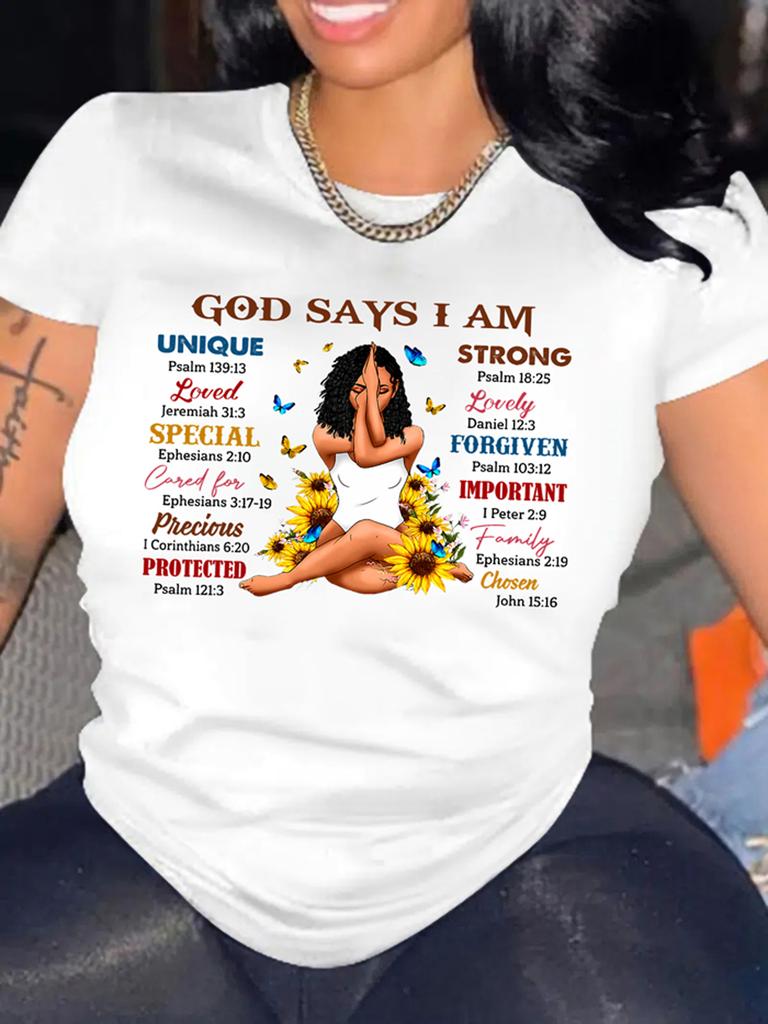 God Says I Am Women's Tee - Inspirational Bible Verse Graphic, Casual White Top