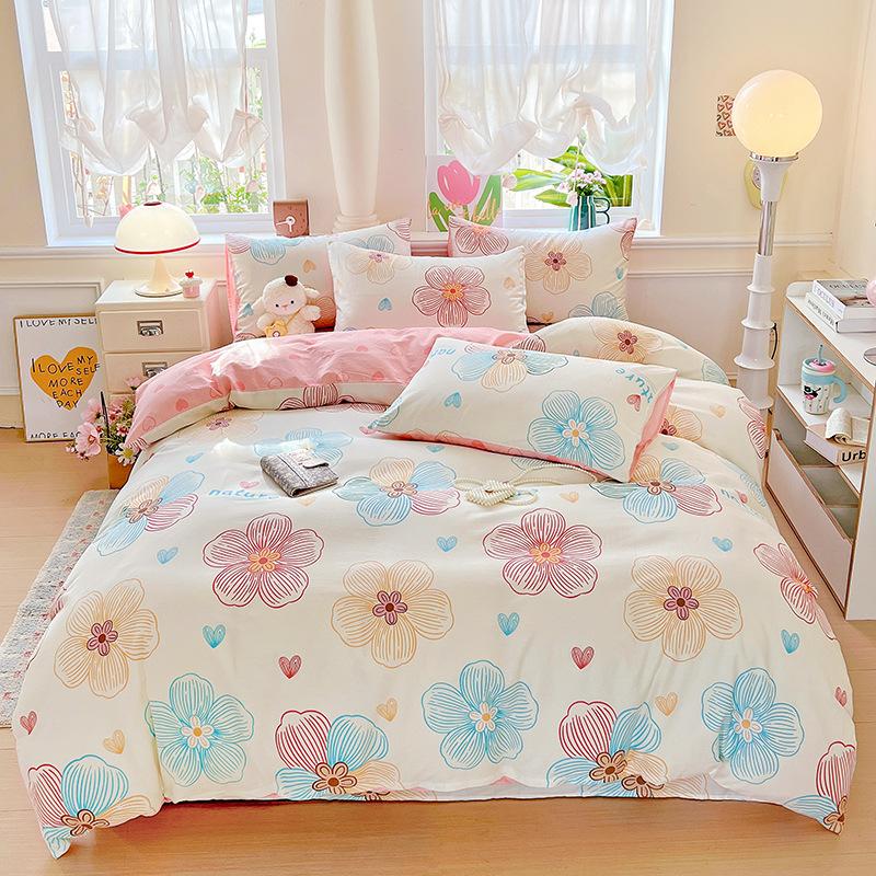 Thickened Pure Cotton Four-piece Set Small Fresh Cotton Skin-friendly Naked Sleeping Sheets Quilt Cover Bedding