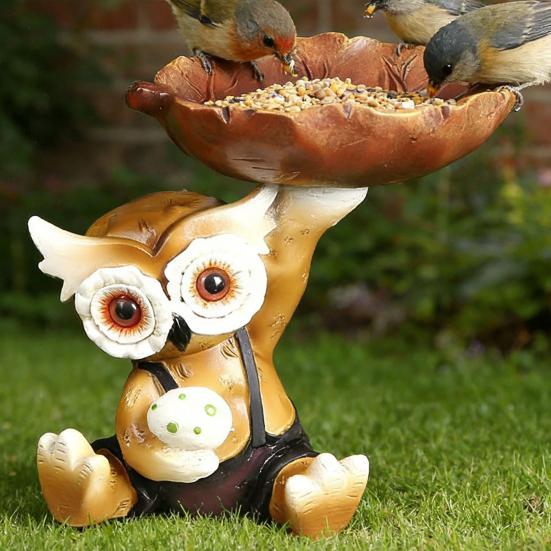Owl Statue Bird Feeder Resin Decorative Bird Feeder Outdoor Cute Owl Bird Feeder for Garden Balcony Yard Front Porch Decoration