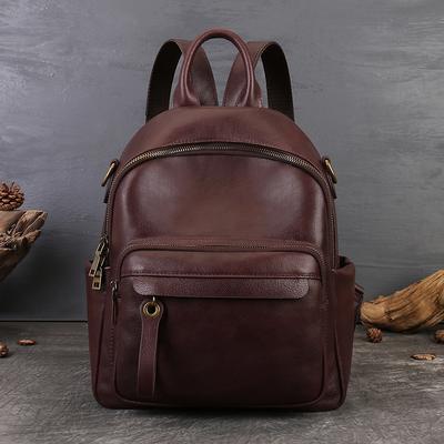 Genuine Leather Double-shoulder Bag for Ladies, Plain-colored Vintage Student Schoolbag