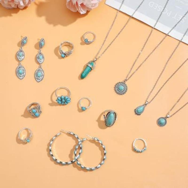 Bohemian Turquoise Multi-layer Women's Retro Versatile Alloy Pendant Necklace Stud Earring Set