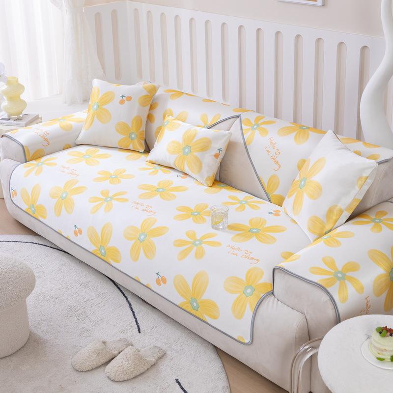 Ice Silk Sofa Cushion Cooler Printed Cushion Summer Cooling Living Room Sofa Towel Non-Slip Ice Cooler Cushion Sofa Cover