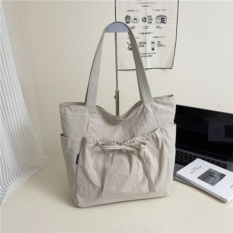 Bow Large Capacity Canvas Tote Bag Women's Autumn New Fashion Commuter Casual Shoulder Bag Pleated Handbag