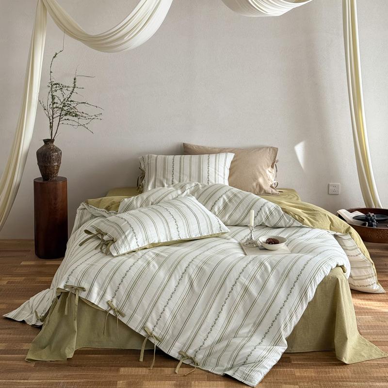Bed Cotton Four-piece Set Thickened Yarn-dyed Washed Cotton Cut Cotton Strap Quilt Cover Bed Sheet Bedding Bed Hat