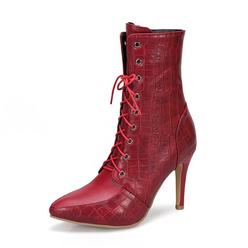 Sexy Women Boots Lace-Up Pointed Toe Pump Boots Women High Heel Shoes for Winter Custom Ladies Ankle Boots botines mujer WSH3681