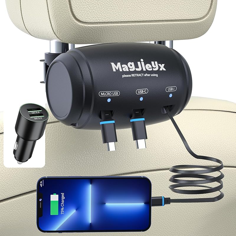 Multi Retractable Car Charging Station Box, 3 in 1 Headrest Fast Power Charging Dock Cord USB Type C Fits iPhone 16/15/14/iPad/Android/Samsung|Uber
