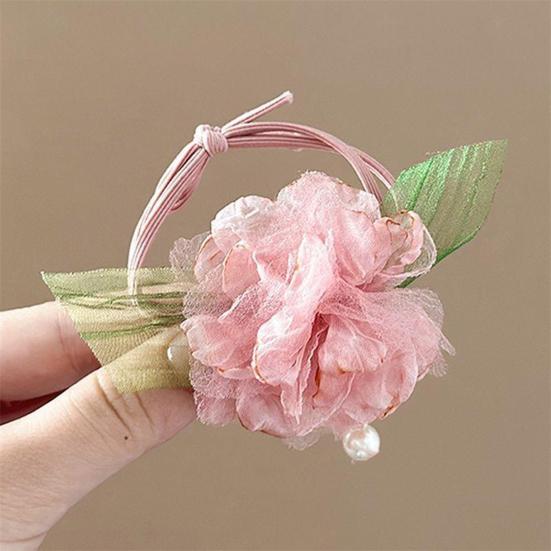 2Pcs Hair Tie High Elastic Rubber Band Hair Rope with Hand-Sewn Organza Flowers Imitation Pearl Pendant Ponytail Holder Hair Accessories