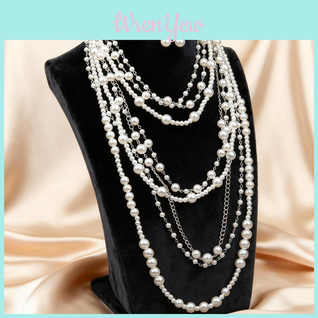 European Style Multilayer Pearl Necklace And Earring Set With Geometric Pendant For Women