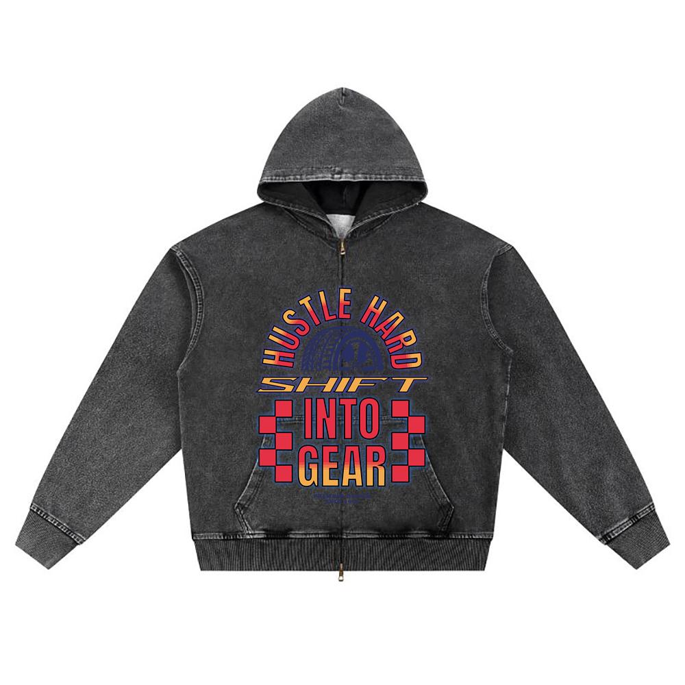 

DTG print Knitted Denim Zip-Up Hoodie Hustle Hard Shift into Gear Car Typography Brother Print Zipper Hoodies S