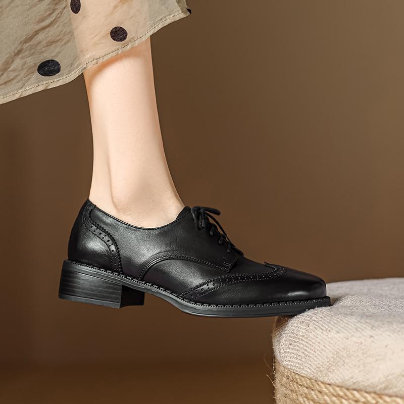 2024 Dámské lodičky Oxfords Podzimní boty pro ženy Dámské boty z pravé kůže Retro šněrovací mokasíny Neformální Ručně vyráběné černé dívčí boty