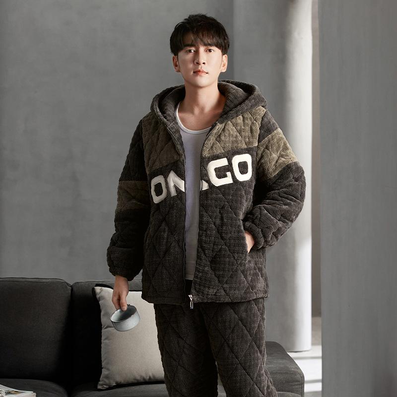 Coral Fleece Pajamas Men'S Winter Thickened Fleece Warm Men'S Autumn And Winter Three-Layer Cotton-Padded Loungewear