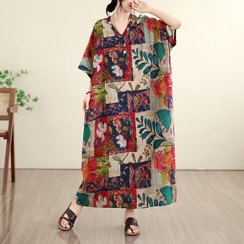 Abito estivo lungo maxi casual ampio da donna taglie forti manica corta cotone floreale vintage nuovo