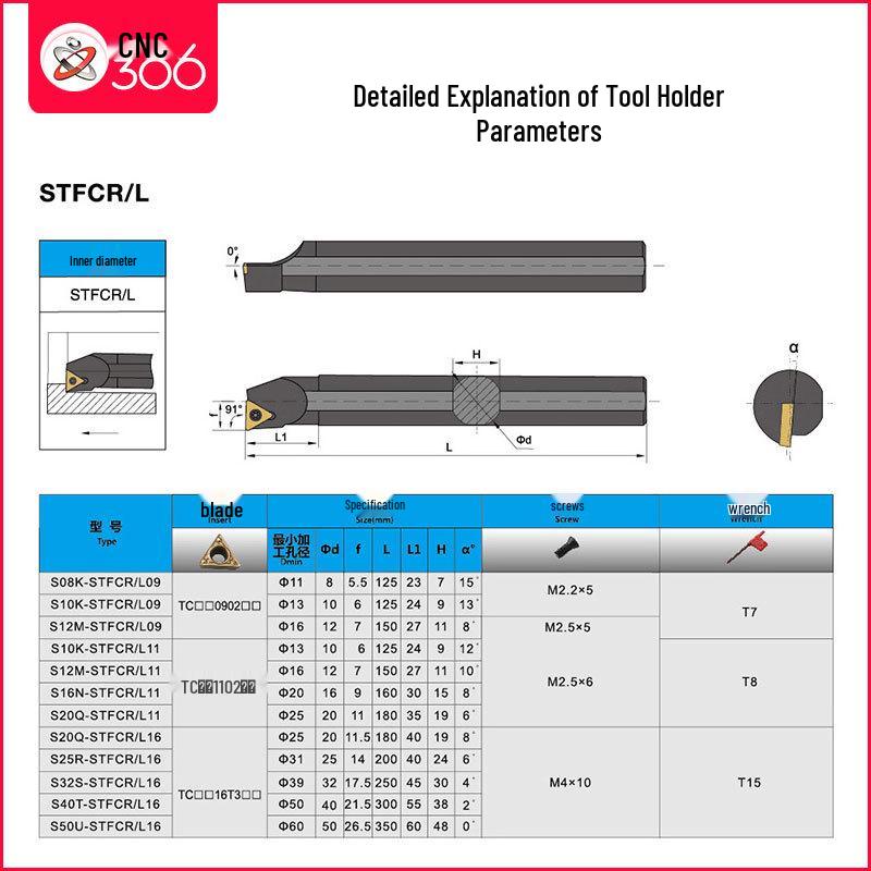 91° CNC Boring Bar Tool Holder - Inner Hole Turning Tool S12M-STFCR09/S16Q-STFCR11