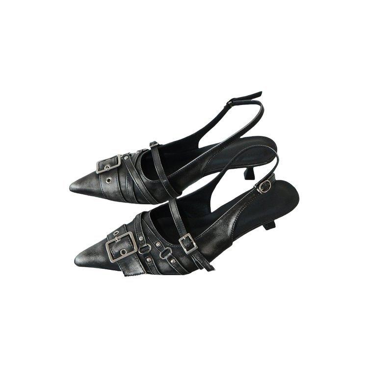 

[youshilai] Silver pointed high heels, belt buckle bag head cool slippers, half empty single shoes 35