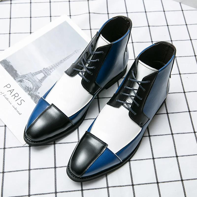Men New Chelsea Boots Pointed English Style Multi Color Spliced Lace Up Ankle Boots 38-48 Male Boots