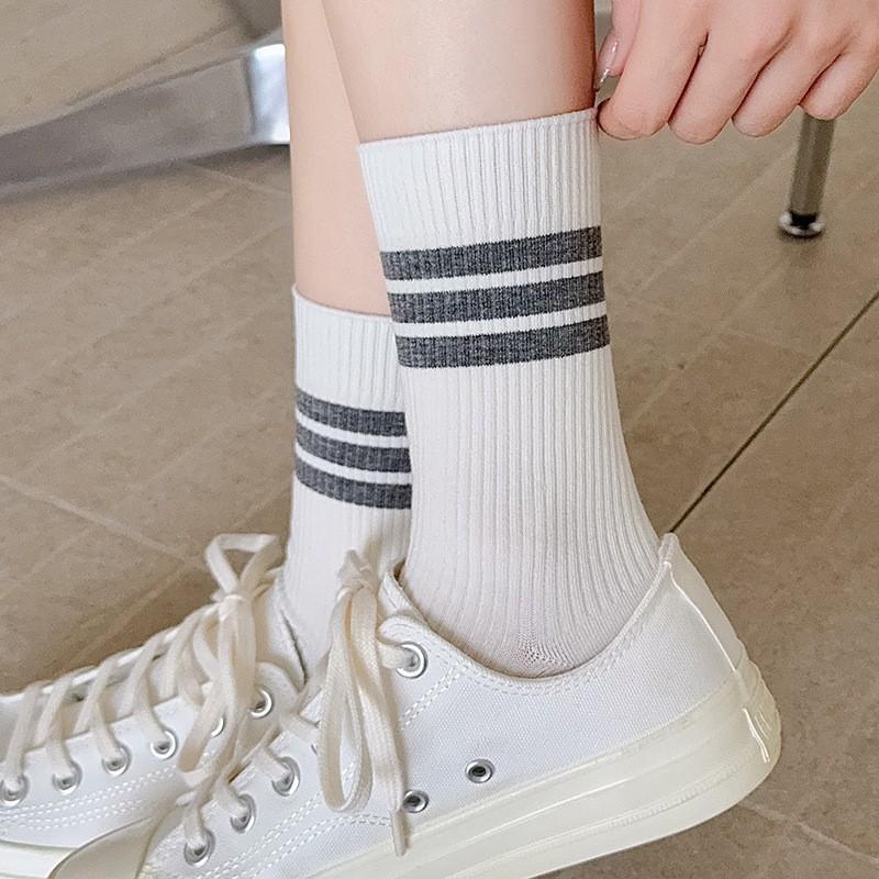 White Striped Socks Pile Socks Spring And Autumn Versatile Cotton Boneless Medium Tube Socks College Style Stockings Women