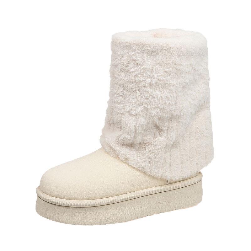 Women's 2025 Fluffy Fur Mid-Calf Snow Boots - Thick-Soled, Plush Velvet Lined, Winter Fashion.