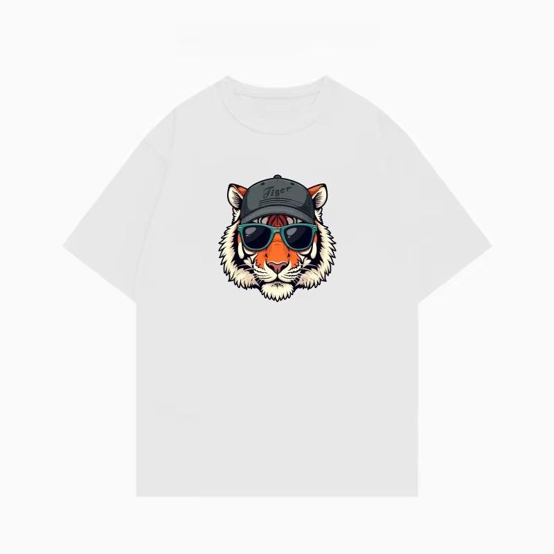 2025 Summer Trendy Hip-hop Tiger Pattern Printed T-shirt Loose and Casual Short-sleeved Cotton Couple Tops for Men and Women